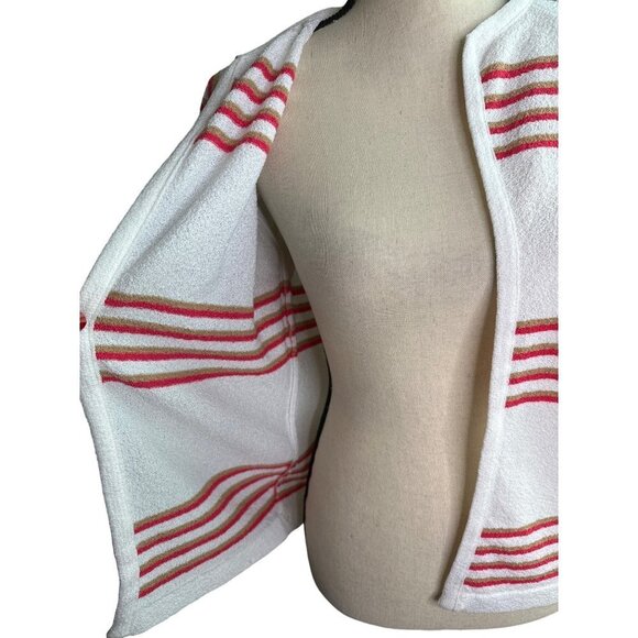 Talbott Cardigan White Stripes Tan Pink Eye Hook Closure Medium - Picture 3 of 6